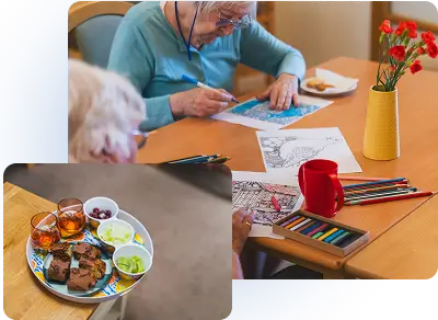 Older adults colouring together at a table in a Clitheroe care home