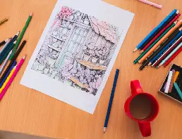 Colouring page with pencils and mug at High Brake House care home, Clitheroe, Lancashire