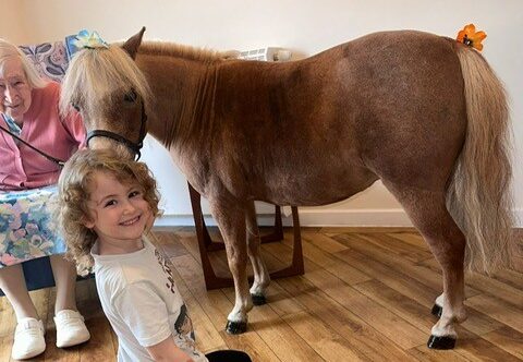 A smiling child kneels on a wooden floor next to a small brown pony. An elderly person sits nearby in a floral armchair. The room has plain walls and soft lighting.